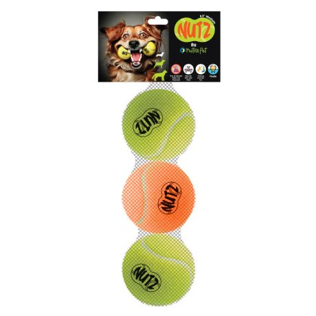 Nutrapet Nutz Tennis Balls 2 Non Squeaker & 1 Squeaker - Medium 2.5in