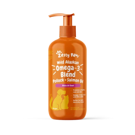 Zesty Paws Wild Alaskan Omega-3 Fish Oil for Dogs & Cats – Skin & Coat Support – Pollock + Salmon Oil, 8 fl oz